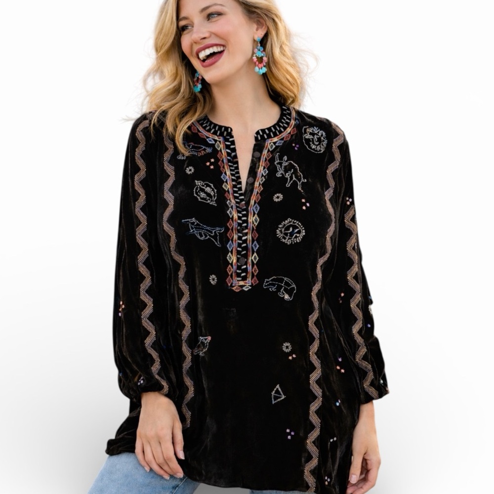 JOHNNY WAS LYRA ASTROLOGICAL SILK BLEND EMBROIDERED VELVET TUNIC NWT